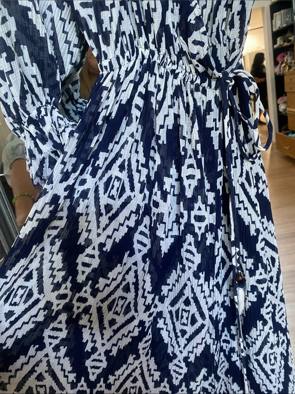 Tory Burch Navy and White Printed Maxi Dress with Tassel Tie